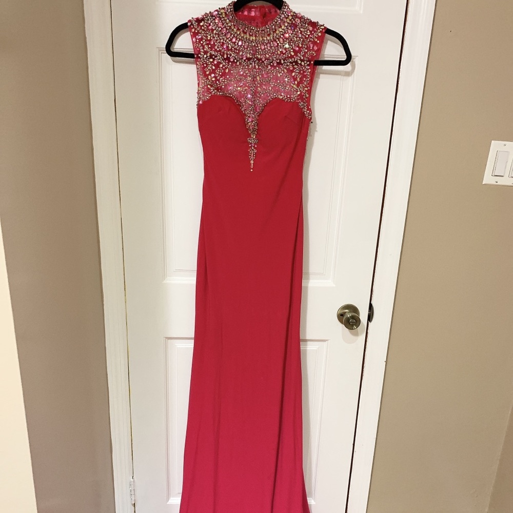 Mori lee hot pink dress.